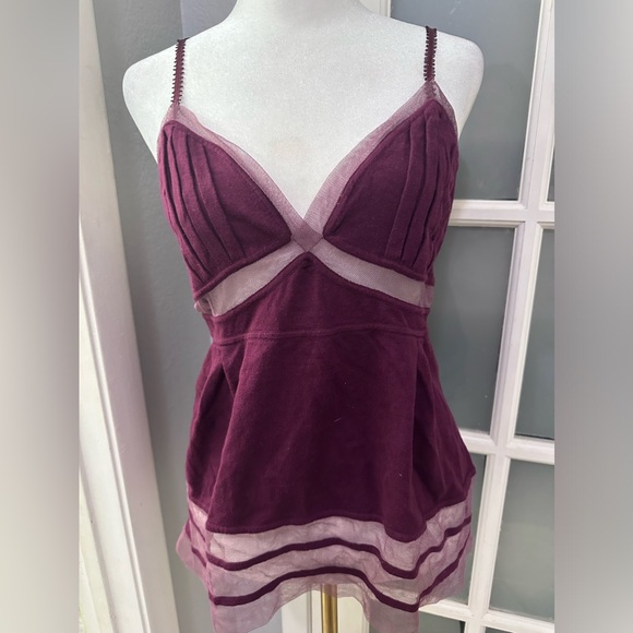 Catherine Malandrino Tops - Catherine Malandrino Bordeaux Wine V-Neck Baby Doll Cami with Mesh Inserts Large